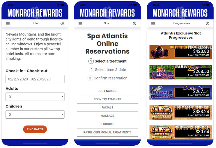 App screens showing hotel reservations spa appointment and progressives pages within the app